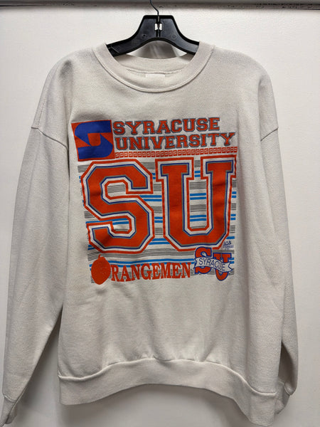 Vtg SU Orangemen SU Banner Interlocking S Raised Screen Print Crewneck Sweatshirt White L/XL USA SS1270