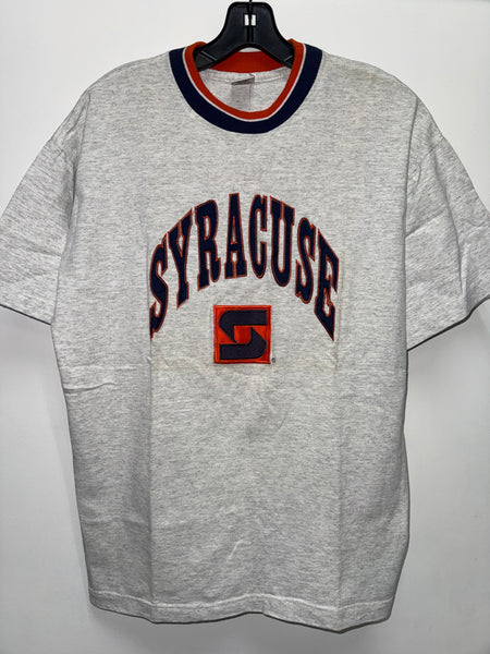 Vtg SU Interlocking S Stitched Tee Grey L USA TS785