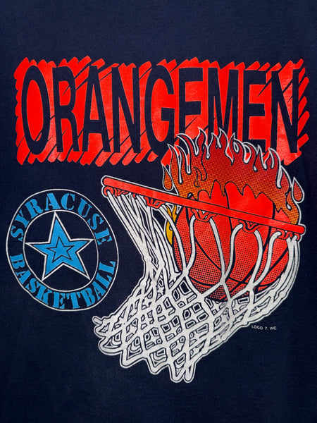 Vtg SU Basketball Orangemen Flaming Hoop Tee Navy Large USA TS786