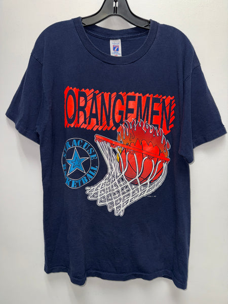 Vtg SU Basketball Orangemen Flaming Hoop Tee Navy Large USA TS786