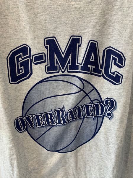 G-Mac Overrated T-Shirt, Grey T-Shirt with Blue logo. Size XL.